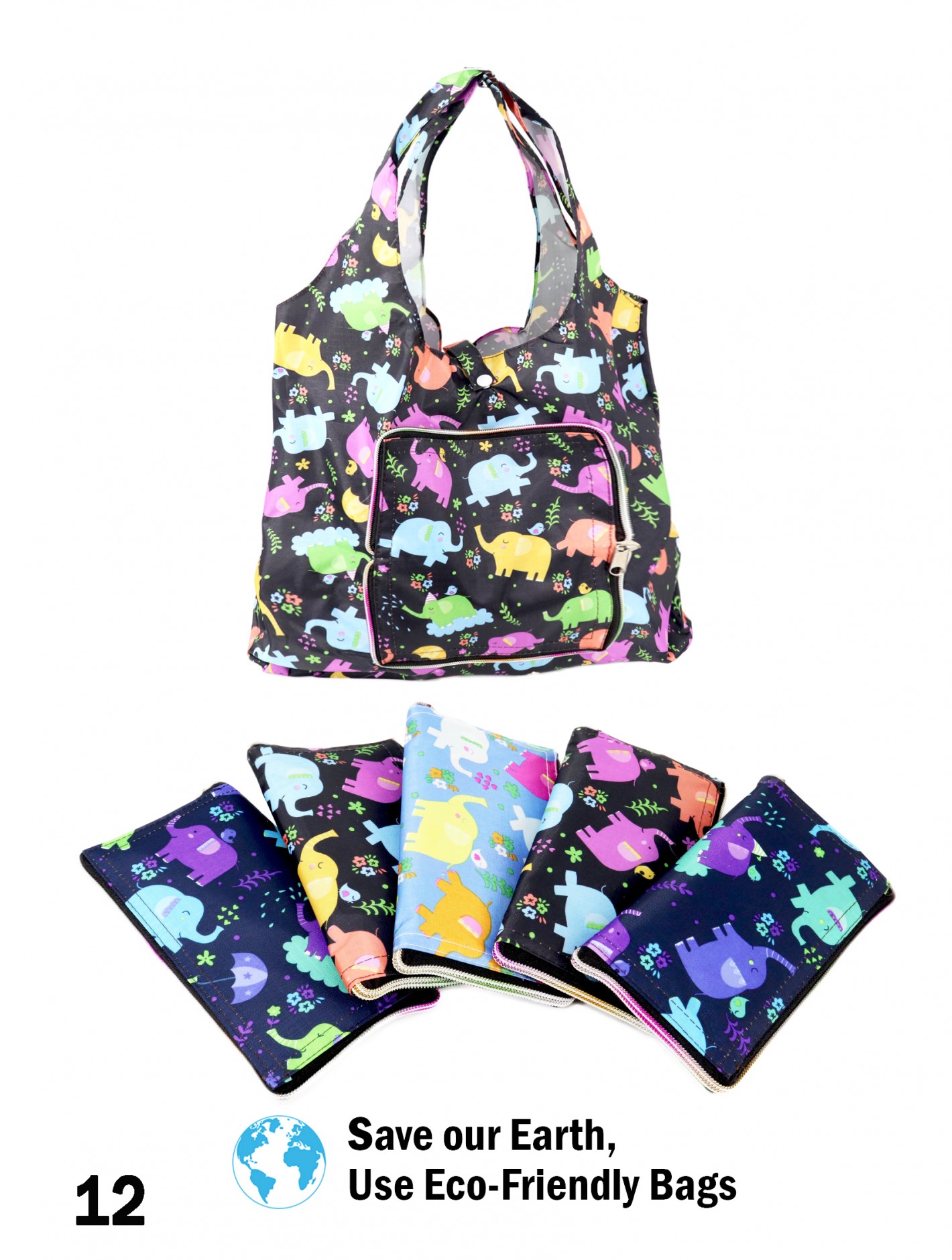 Elephant Reusable Foldable Shopping Bags W/ Zipper(12 pcs)